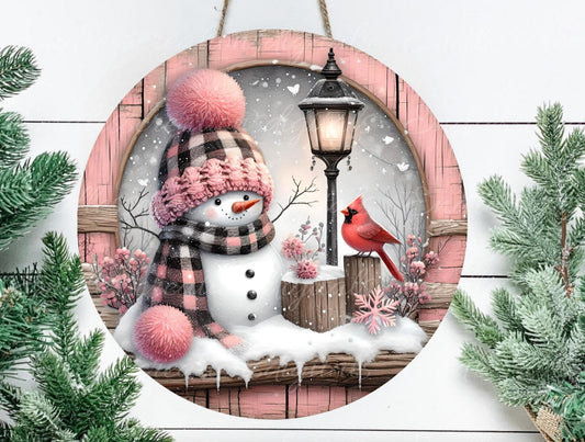 PINK SNOWMAN  Door hanger, wreath sign, round cutting board, ornament, can resize,  for sublimation high resolution 1 file for download