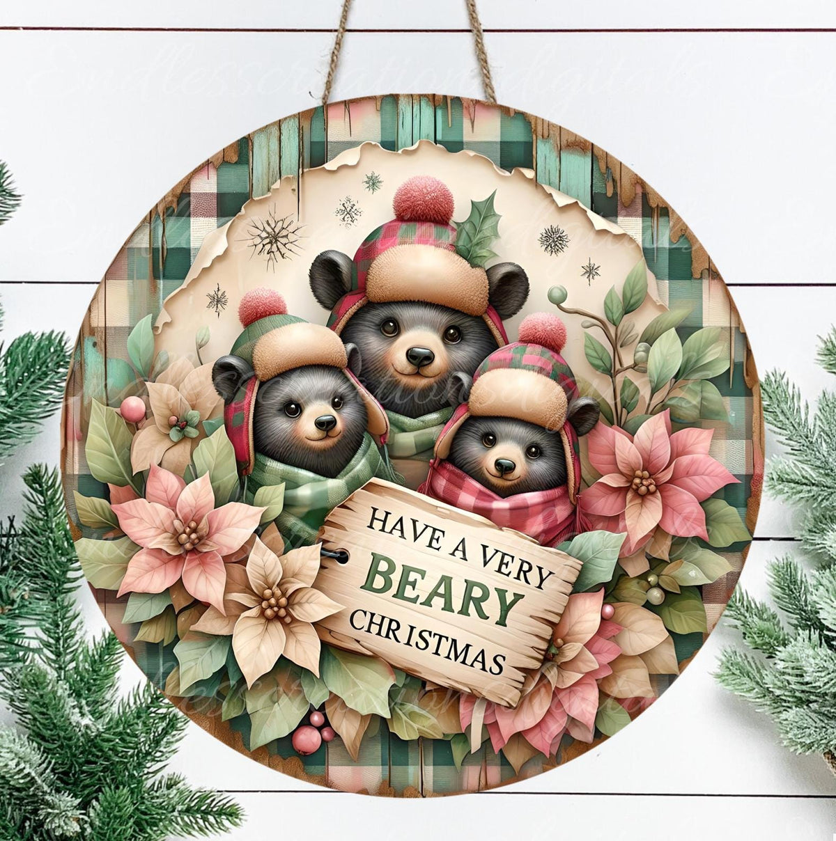 WINTER PLAID BEARS ROUND/ORNAMENT