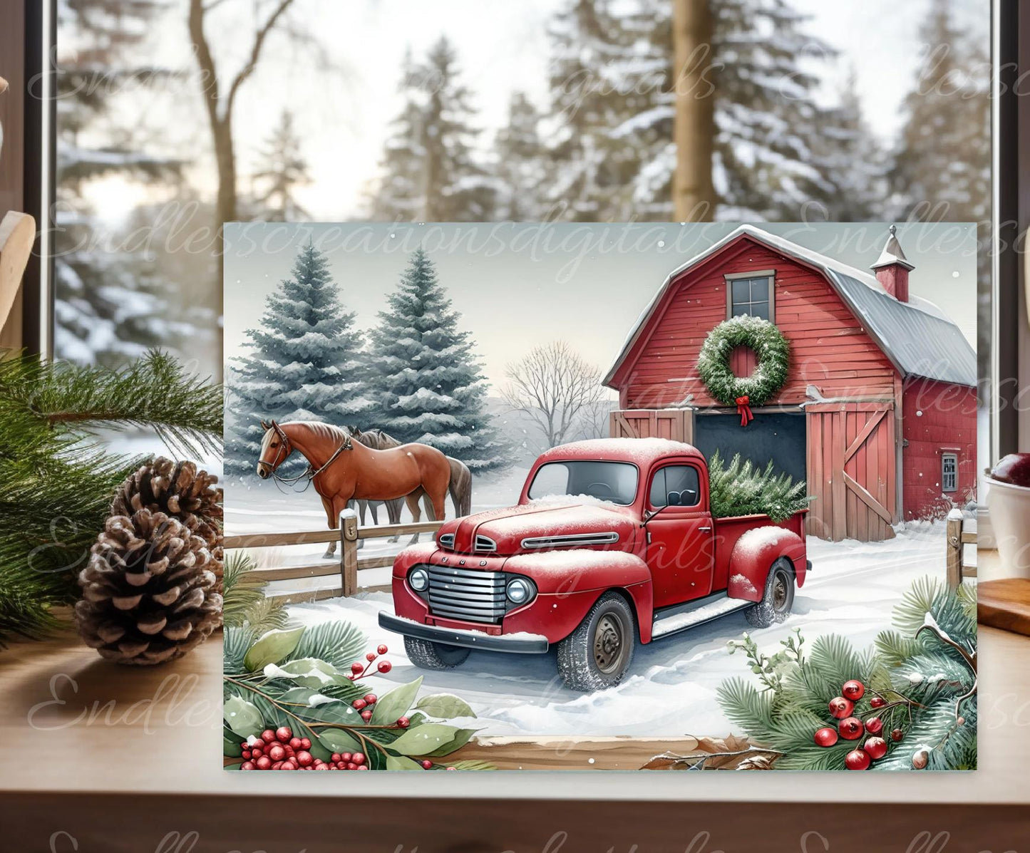 RED TRUCK HORSE AND BARN RECTANGLE