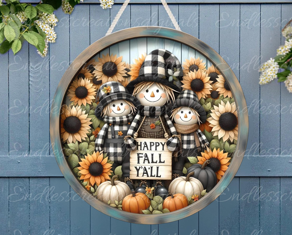 FALL SCARECROW FAMILY  Door hanger, wreath sign, round cutting board png, for sublimation high resolution 2 files, 1 add your own text