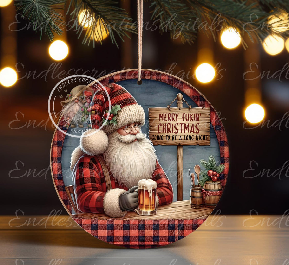 DRINKING BEER SANTA CHRISTMAS ORNAMENT/GIFT TAG