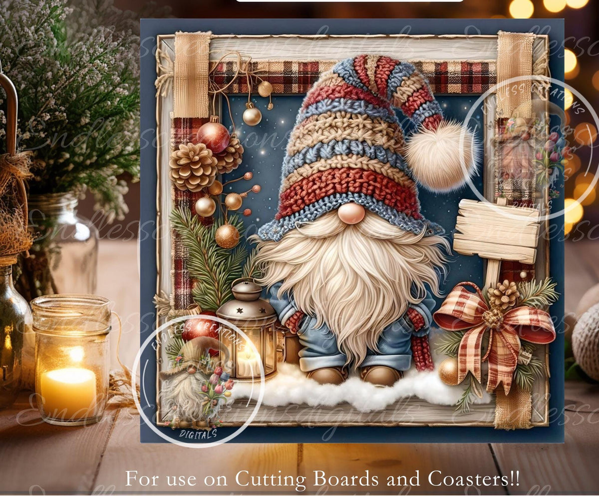 SQUARE WINTER GNOME Door hanger, wreath sign square cutting board, coasters can resize,  for sublimation high resolution 2 files, 1 add text