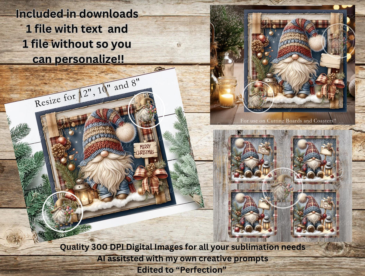 SQUARE WINTER GNOME Door hanger, wreath sign square cutting board, coasters can resize,  for sublimation high resolution 2 files, 1 add text