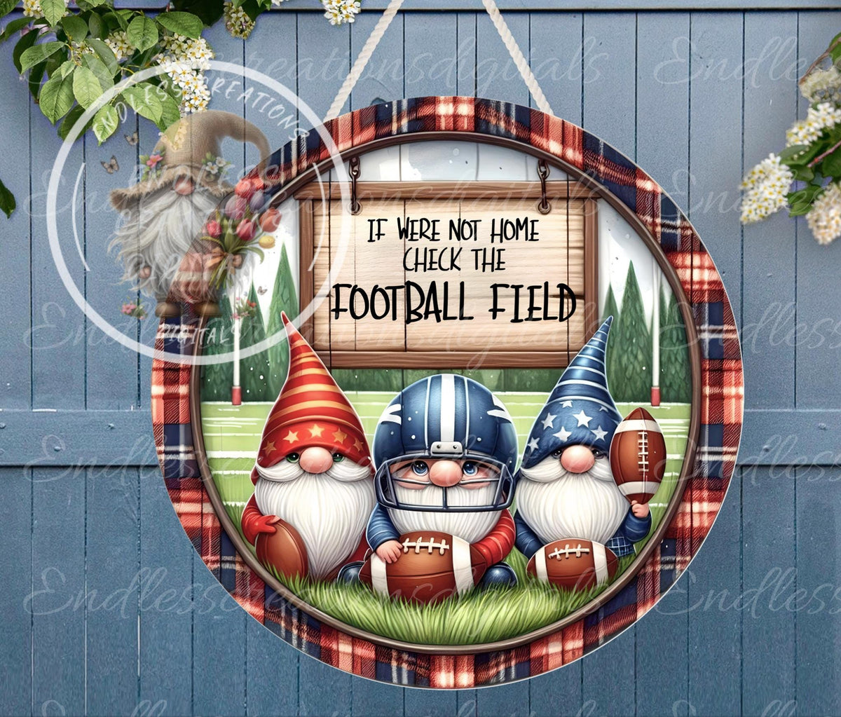FOOTBALL GNOMES DOOR Hanger, wreath sign, png, 300DPI high resolution, 2 files for download, 1 blank