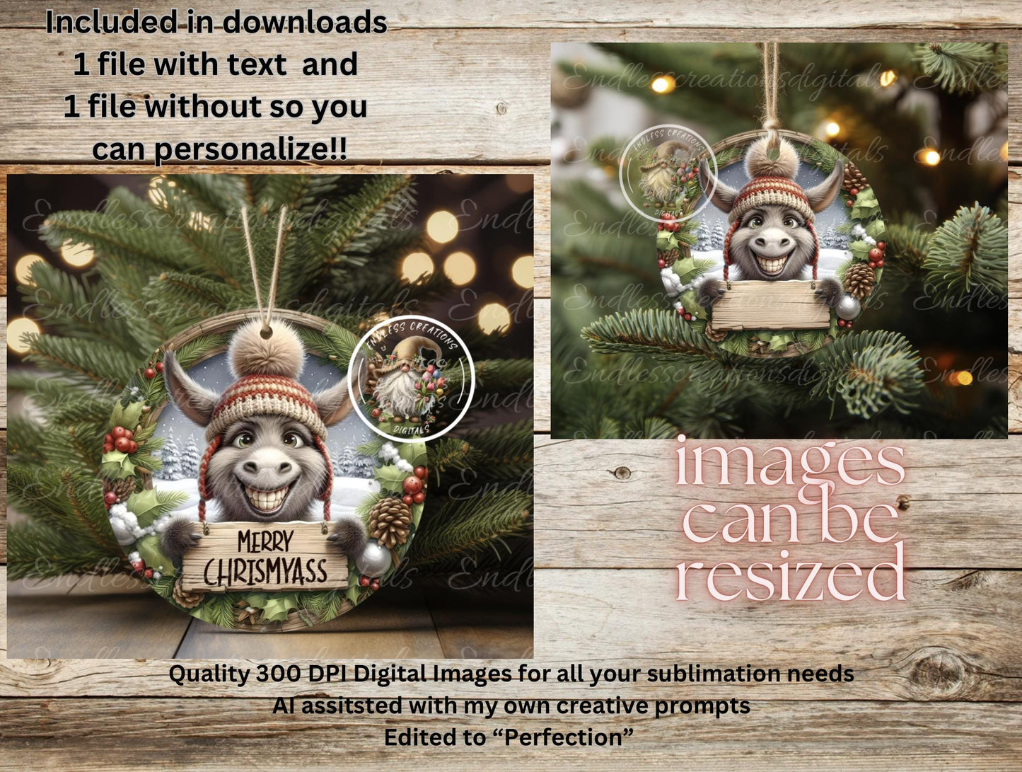 MERRY CHRISMYASS DONKEY CHRISTMAS ORNAMENT/GIFT TAG