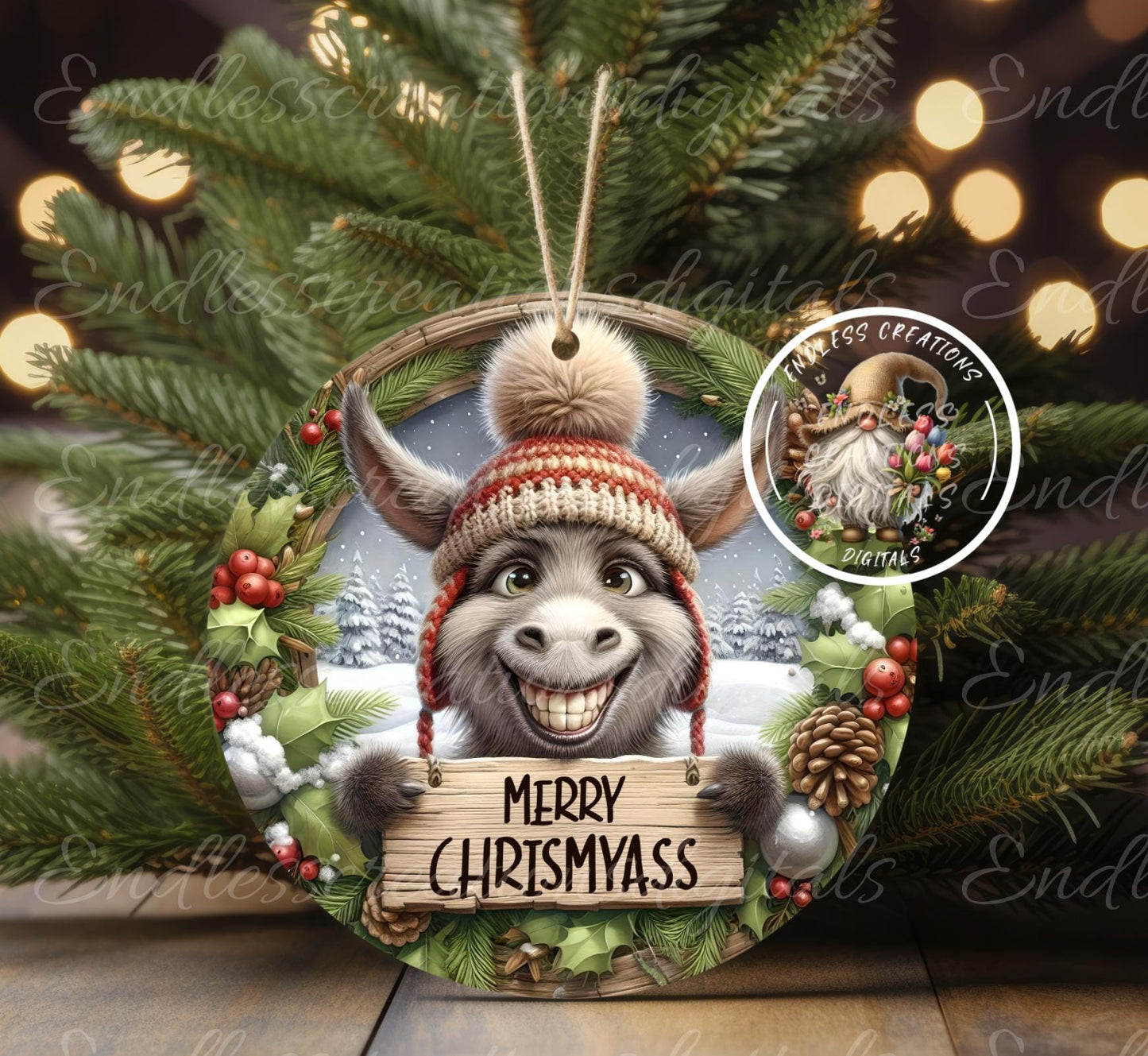 MERRY CHRISMYASS DONKEY CHRISTMAS ORNAMENT/GIFT TAG