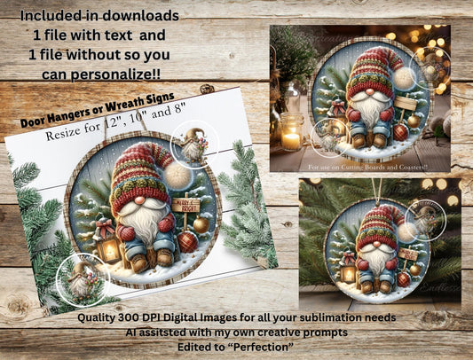 ROUND WINTER GNOME Door hanger, wreath sign square cutting board, coasters can resize,  for sublimation high resolution 2 files, 1 add text