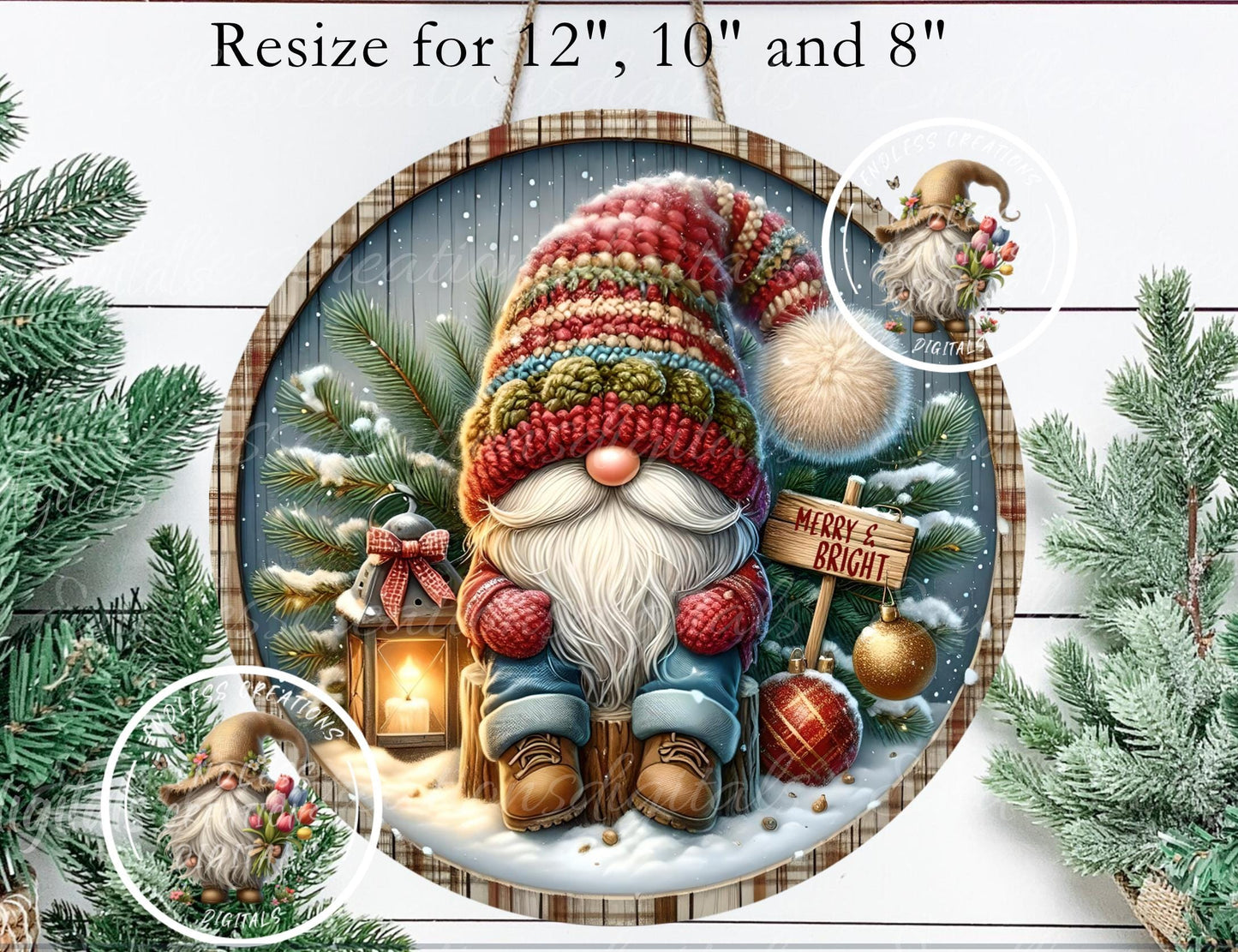 ROUND WINTER GNOME Door hanger, wreath sign square cutting board, coasters can resize,  for sublimation high resolution 2 files, 1 add text
