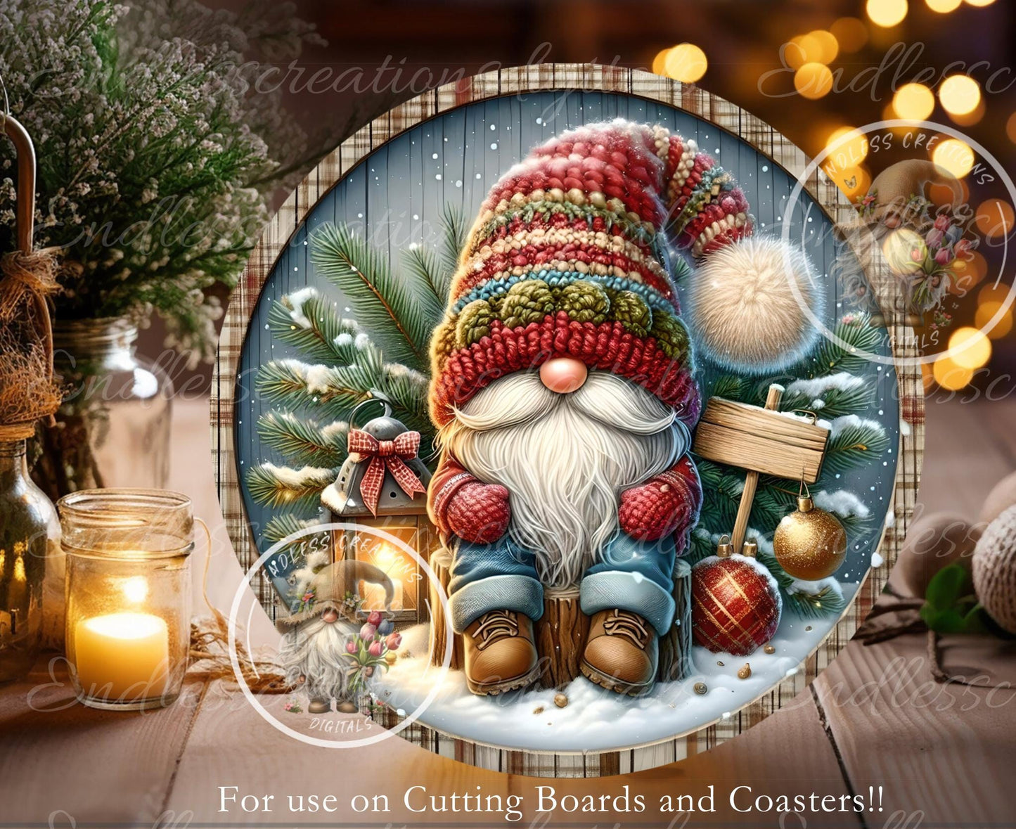 ROUND WINTER GNOME Door hanger, wreath sign square cutting board, coasters can resize,  for sublimation high resolution 2 files, 1 add text