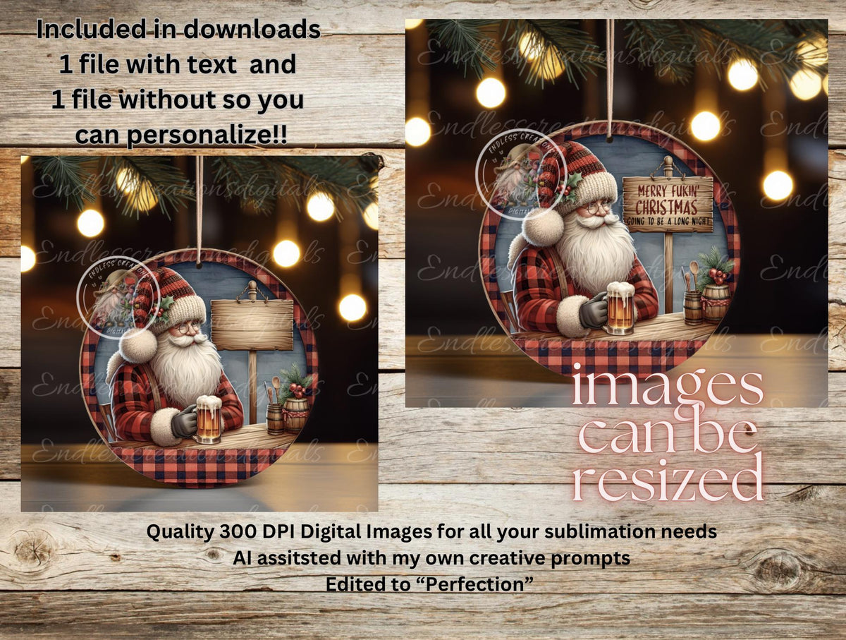 DRINKING BEER SANTA CHRISTMAS ORNAMENT/GIFT TAG