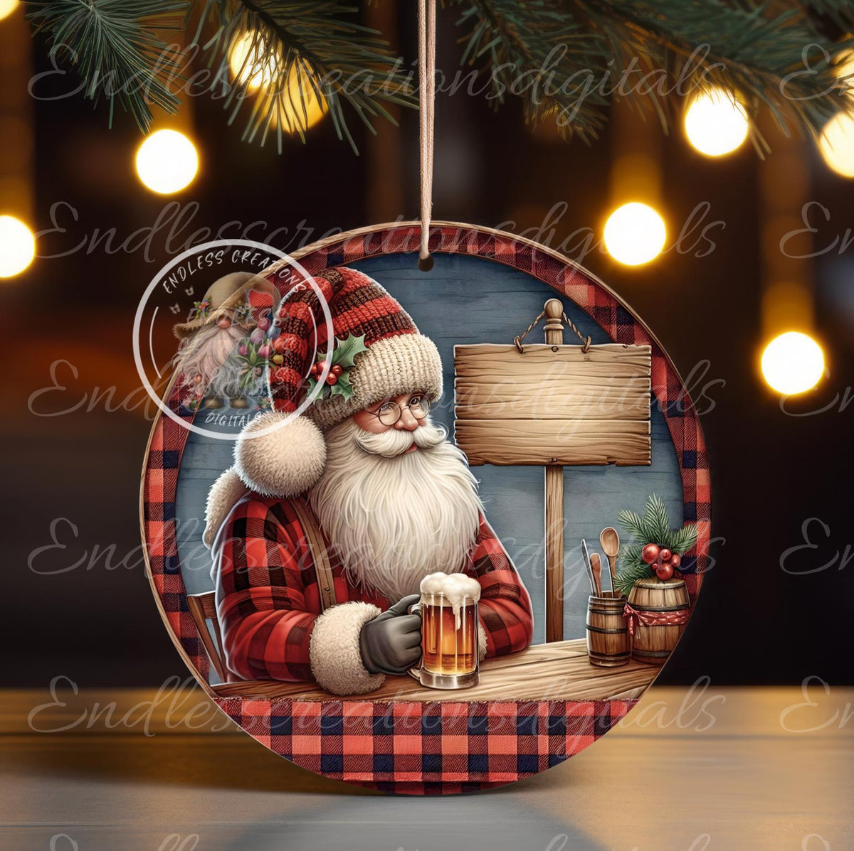 DRINKING BEER SANTA CHRISTMAS ORNAMENT/GIFT TAG