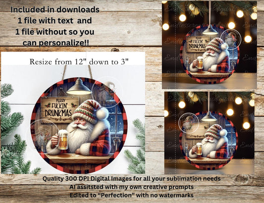 MERRY DRUNKMAS SANTA CHRISTMAS ORNAMENT/GIFT TAG