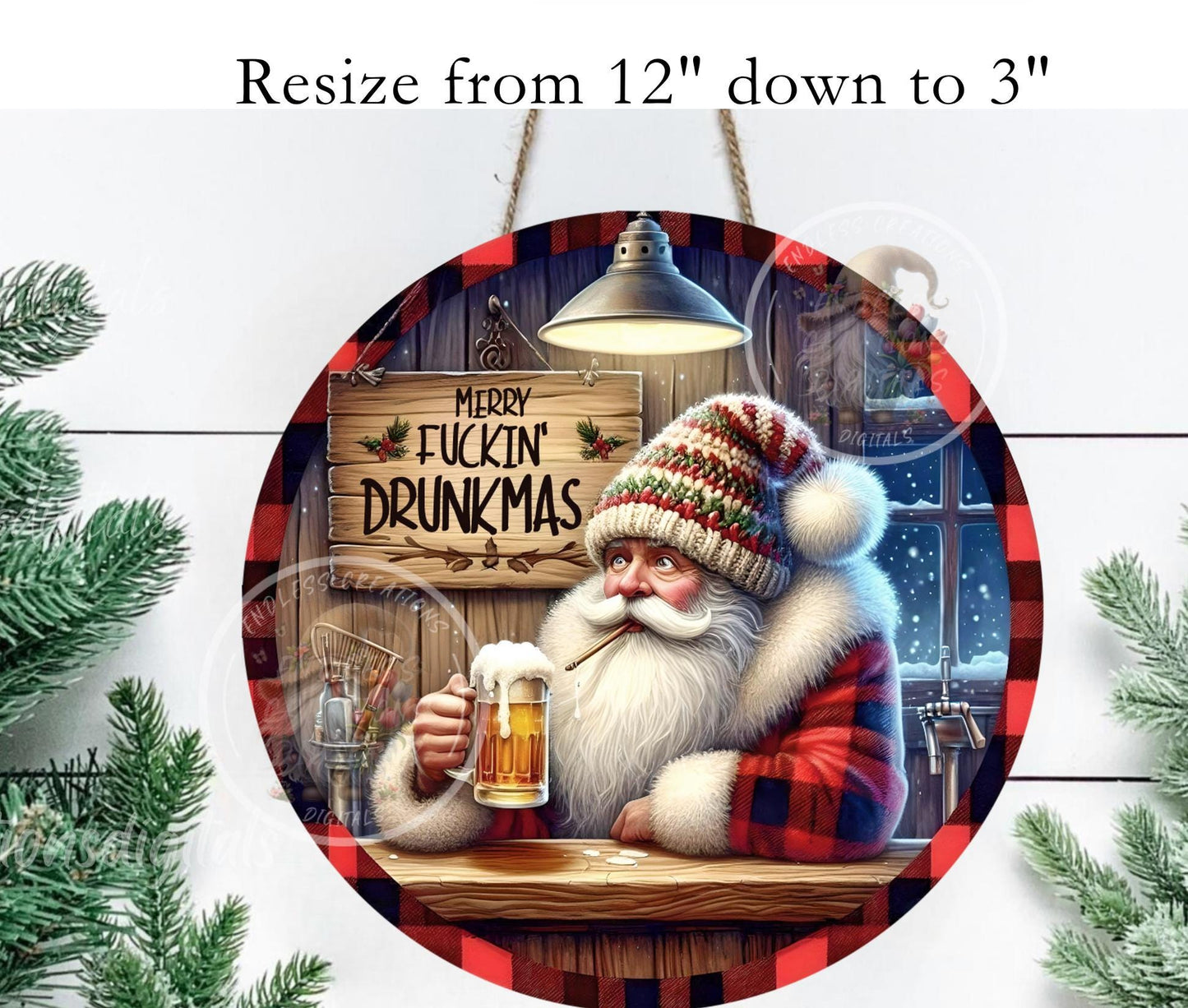 MERRY DRUNKMAS SANTA CHRISTMAS ORNAMENT/GIFT TAG