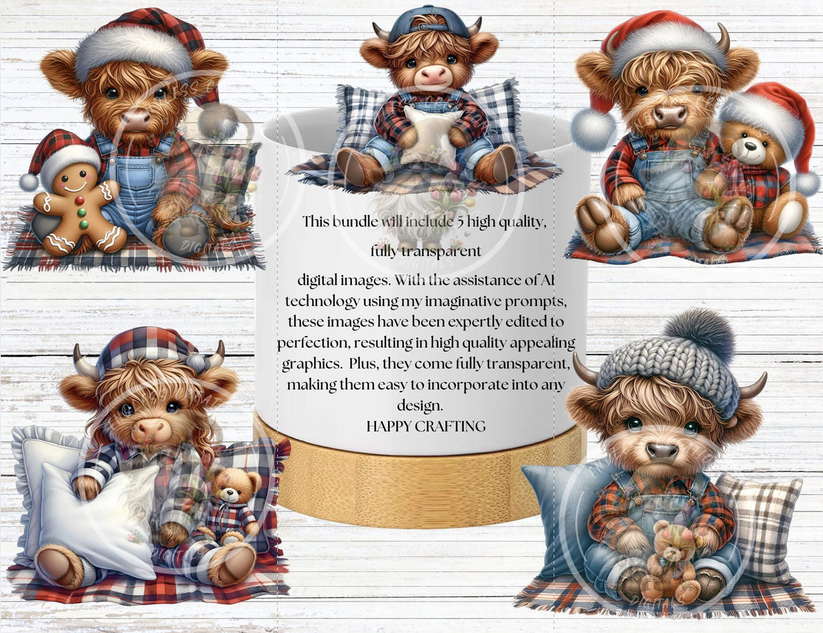 CUTE HIGHLAND COW Pillow covers, tea towel, mugs, plant pots etc. sublimation   5 high definition 300 Dpi, transparent, add your own text