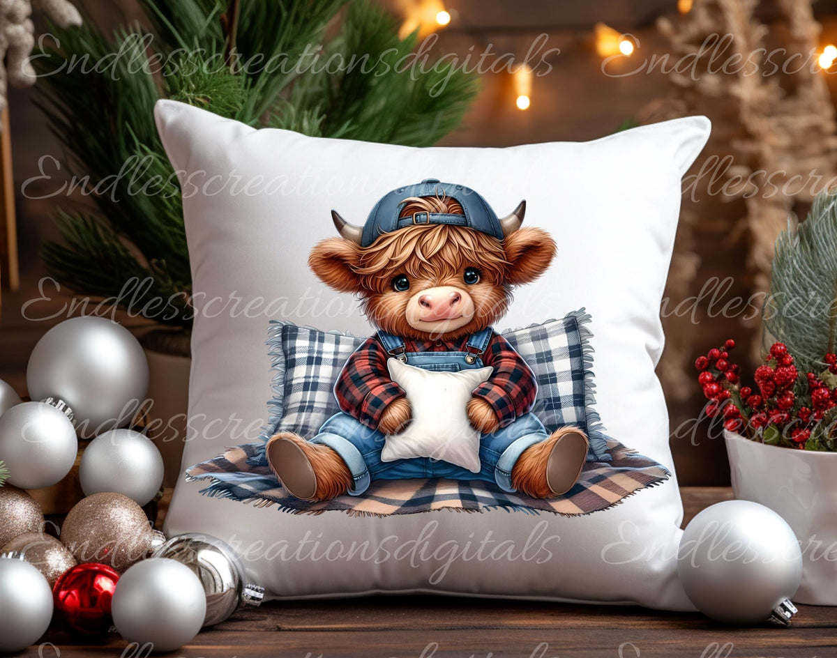 CUTE HIGHLAND COW Pillow covers, tea towel, mugs, plant pots etc. sublimation   5 high definition 300 Dpi, transparent, add your own text