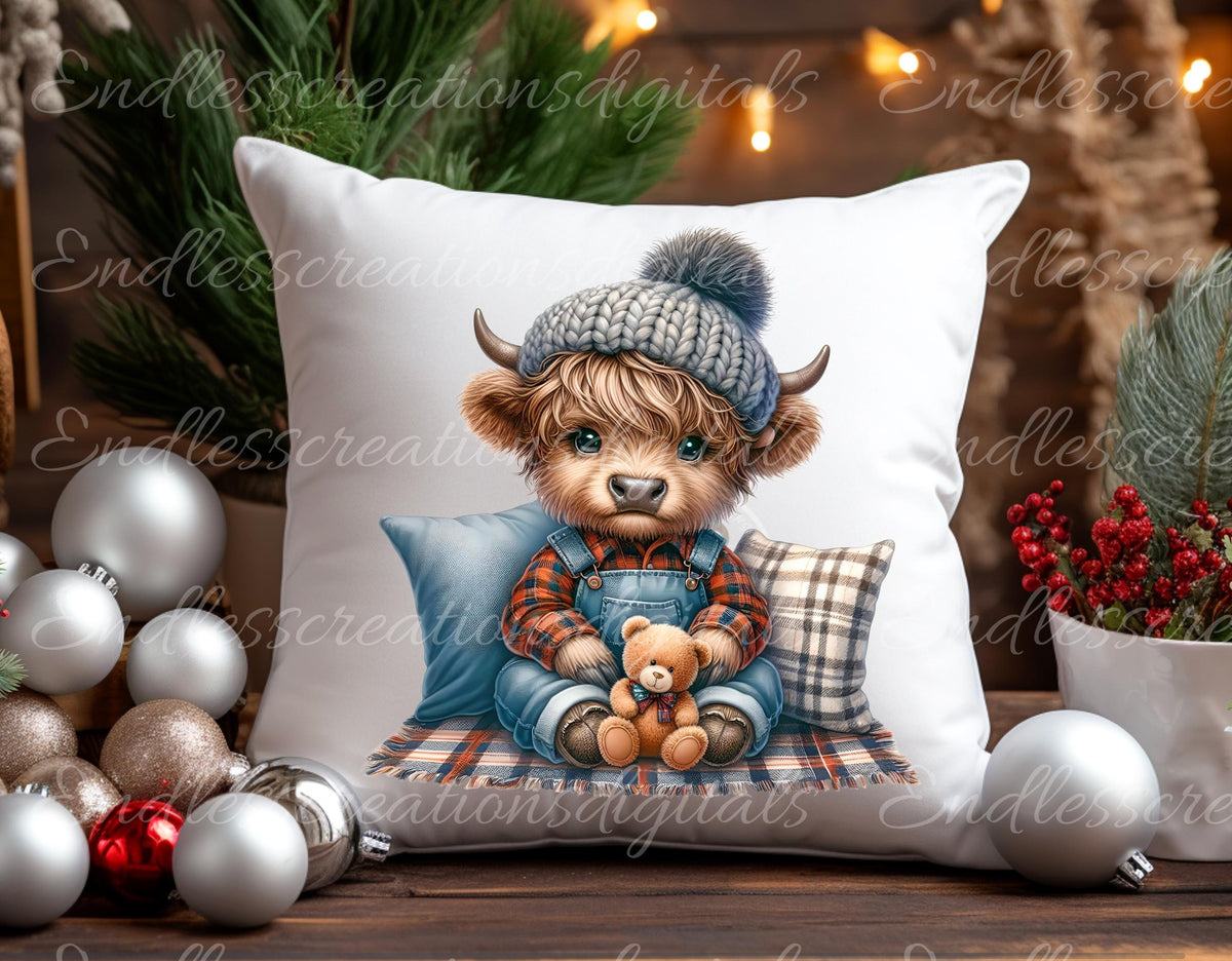 CUTE HIGHLAND COW Pillow covers, tea towel, mugs, plant pots etc. sublimation   5 high definition 300 Dpi, transparent, add your own text