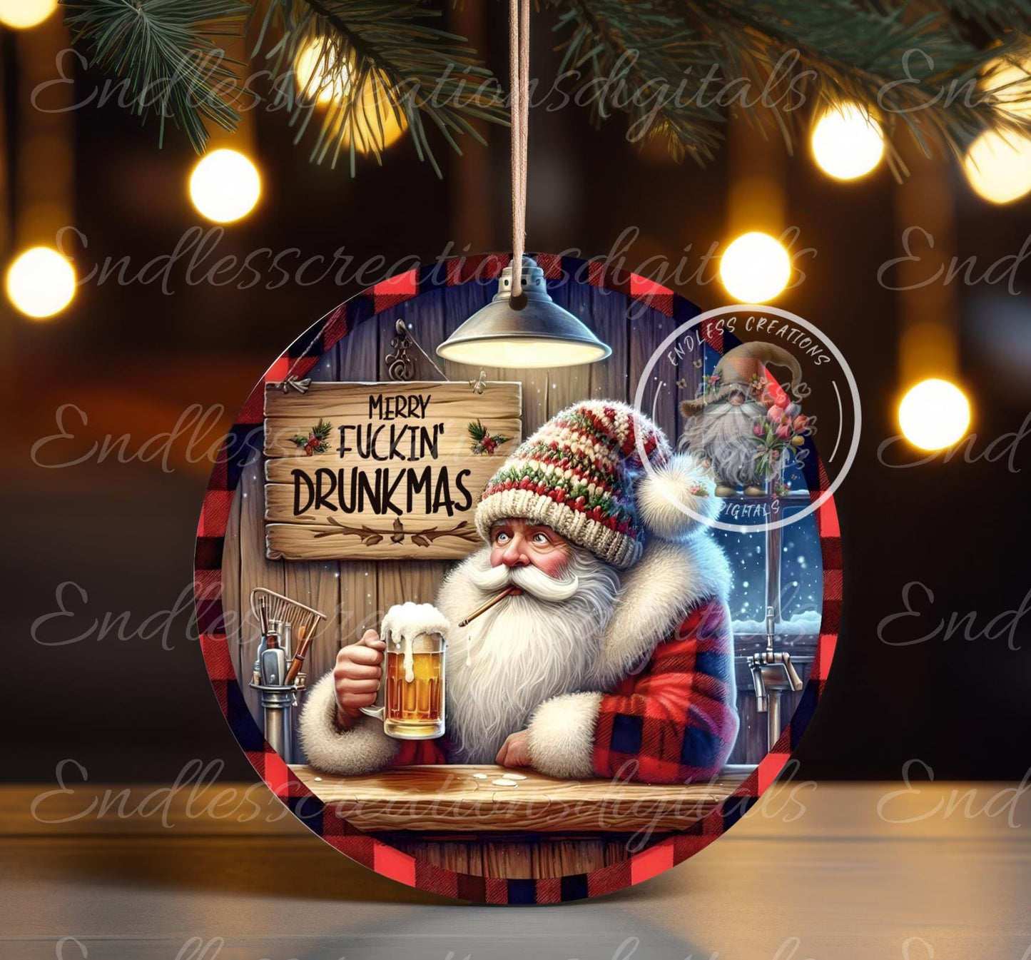 MERRY DRUNKMAS SANTA CHRISTMAS ORNAMENT/GIFT TAG