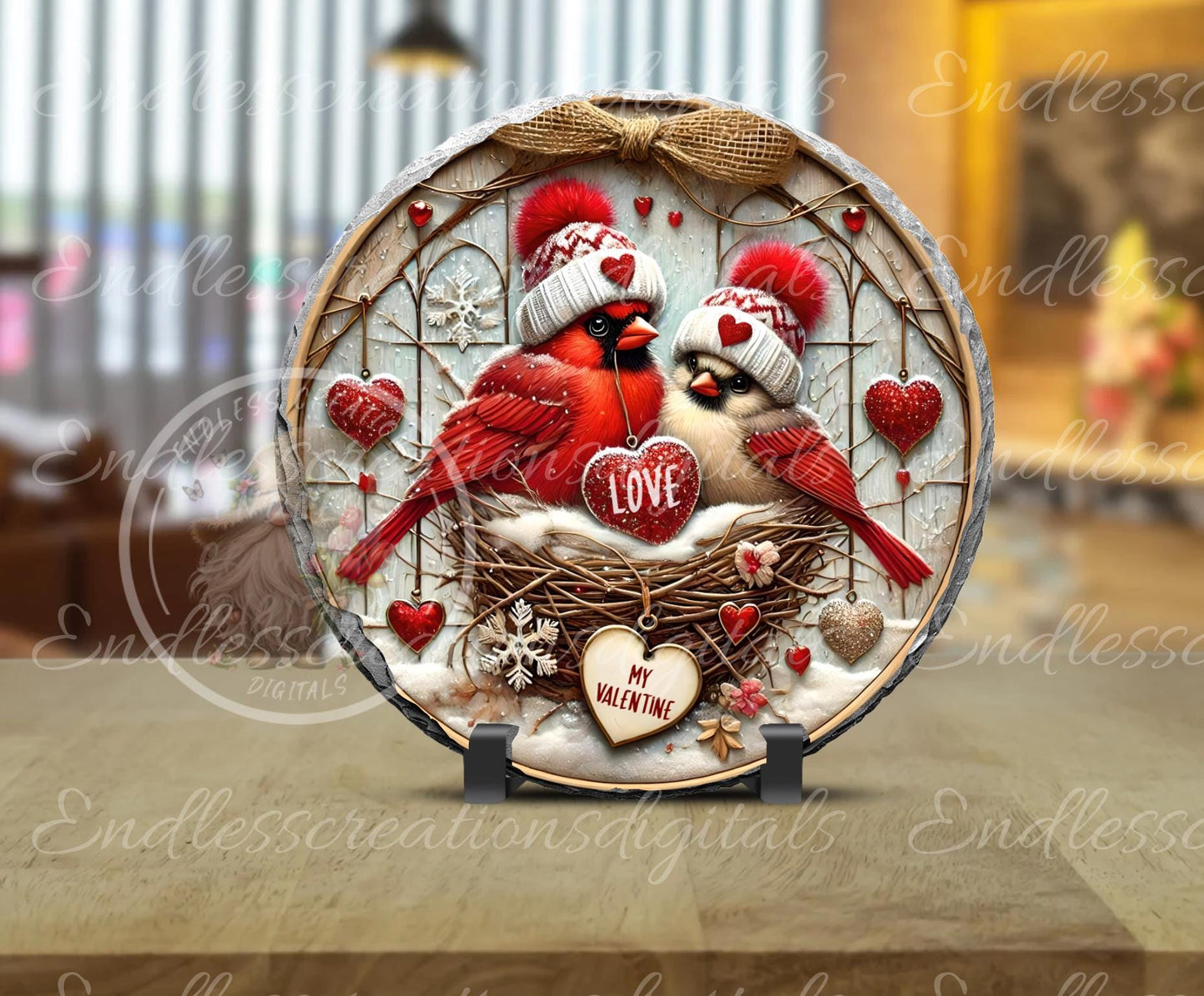 VALENTINES LOVE BABY Cardinals door hanger keychain, round slate,  for sublimation high resolution can be resized, 2 files 1 blank, resize