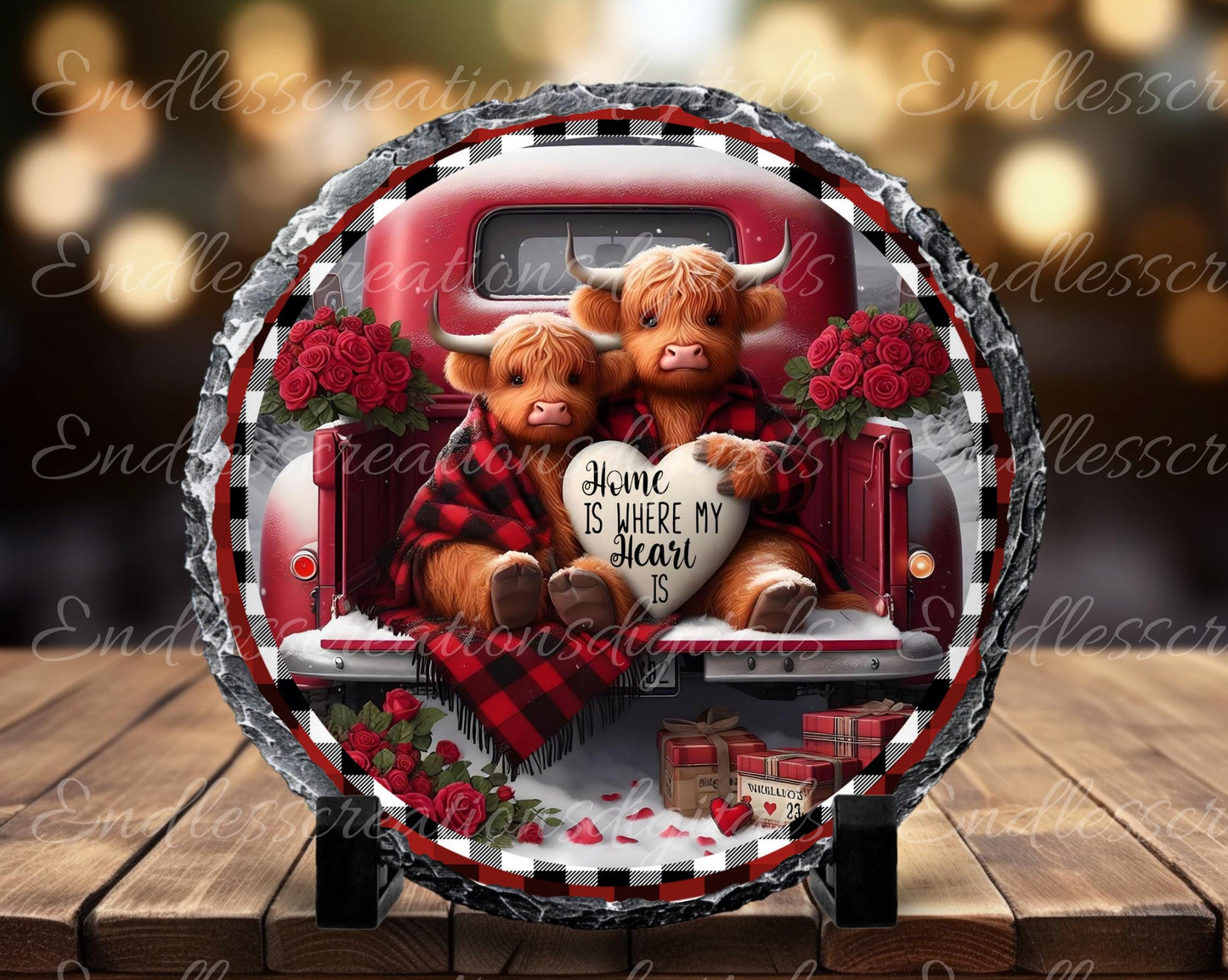 Valentines Highland Cow Red Truck, digital download only, 2 files, 1 blank for your own text, 300 DPI