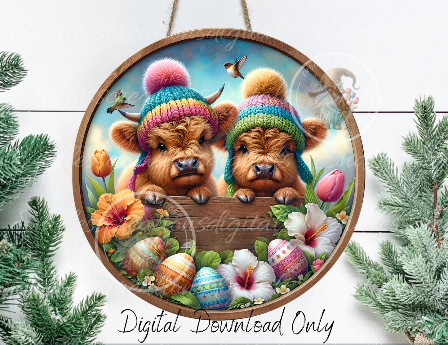 EASTER HIGHLAND COWS Wreath Sign door hanger spinners, slate for sublimation high resolution 2 files for download 1 add your own text