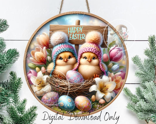 EASTER BABY CHICS Wreath Sign, door hanger, slate for sublimation high resolution 2 files for download 1 add your own text