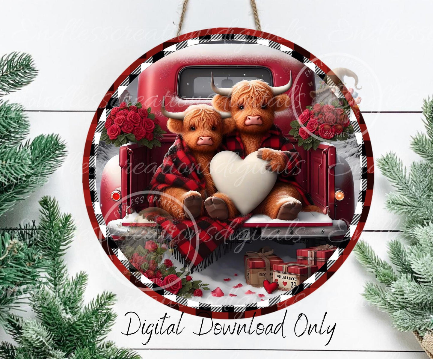 Valentines Highland Cow Red Truck, digital download only, 2 files, 1 blank for your own text, 300 DPI