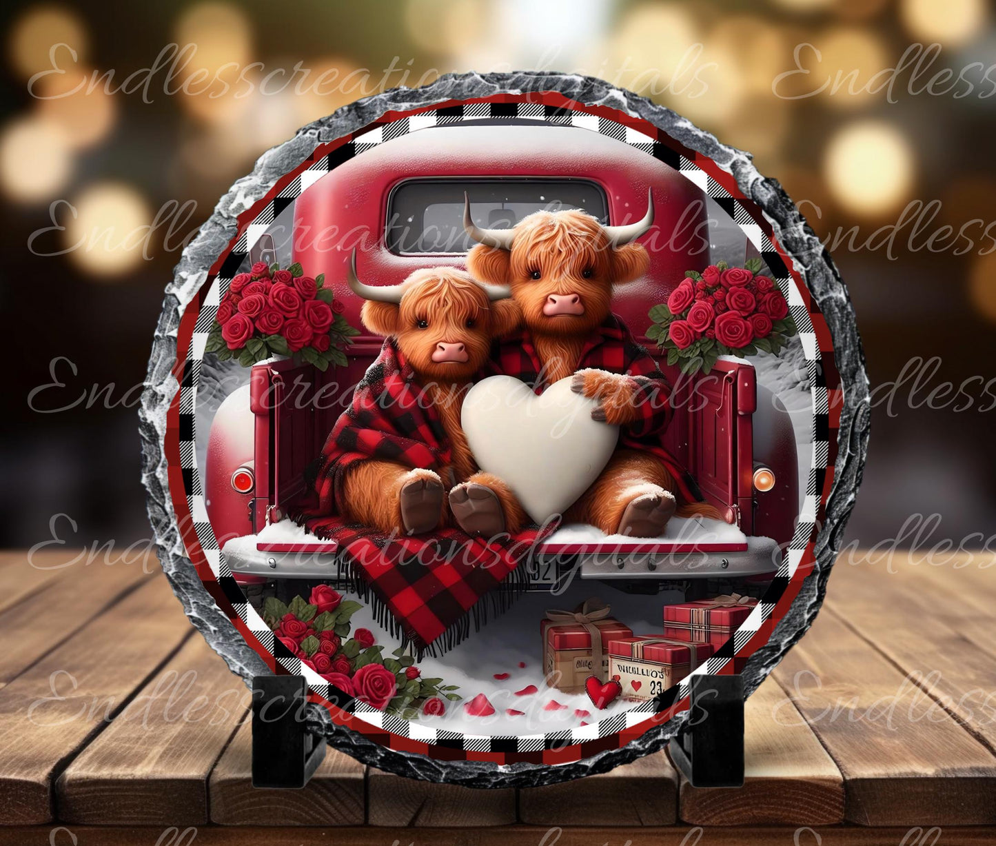 Valentines Highland Cow Red Truck, digital download only, 2 files, 1 blank for your own text, 300 DPI