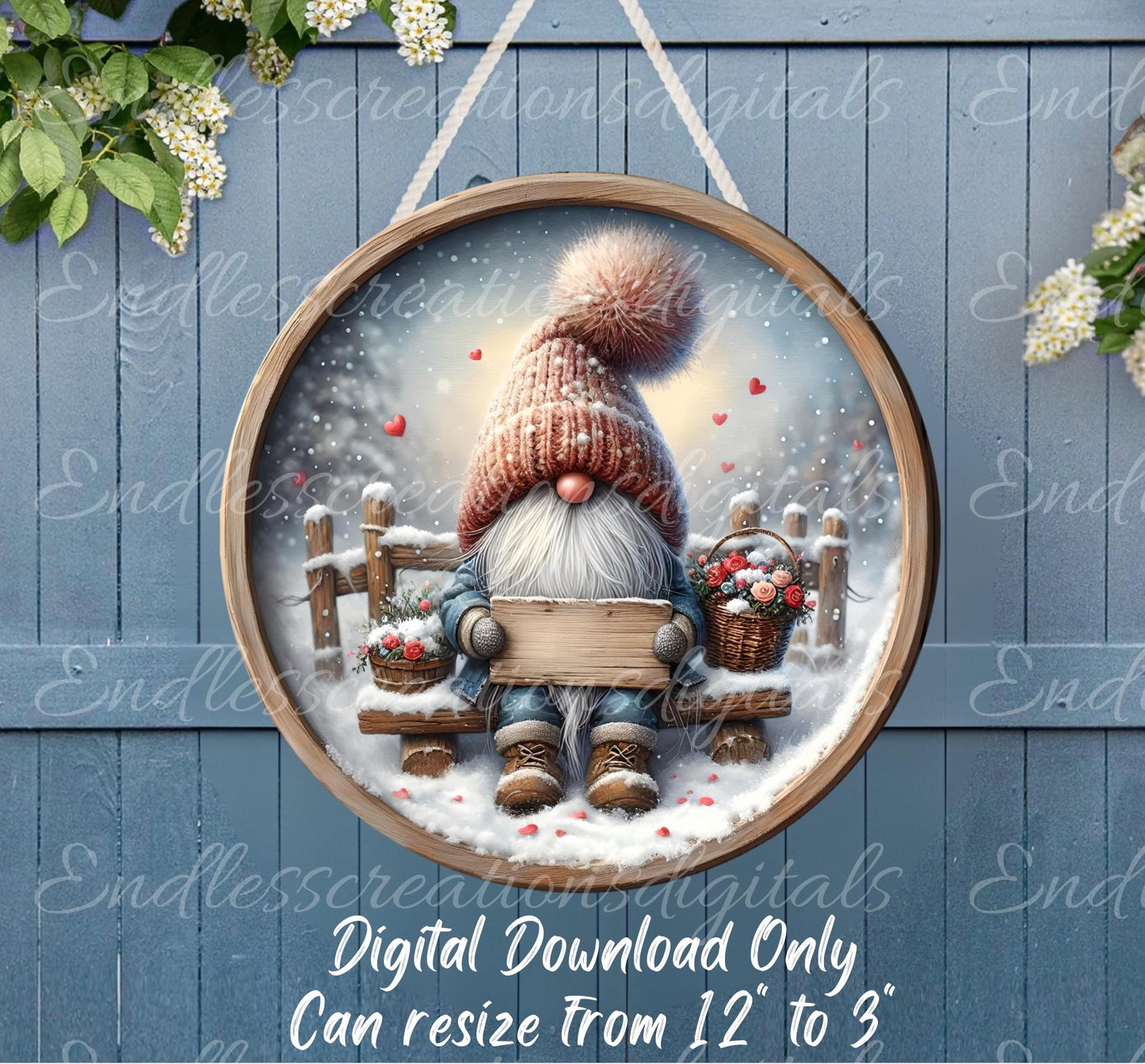 LOVE YOU VALENTINES Gnome, digital download only, 2 files, 1 blank for your own text, 300 dpi