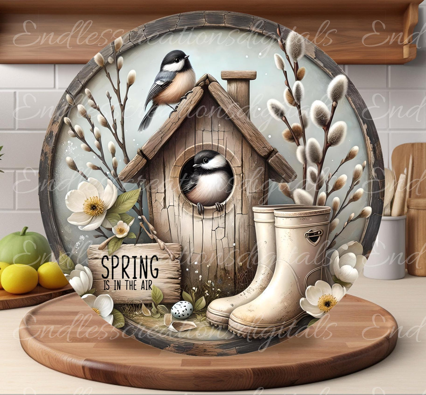 SPRING RUSTIC CHICKADEES Wreath Sign, door hanger, Cutting Board, slate for sublimation, 300 dpi  2 files for download 1 add your own text