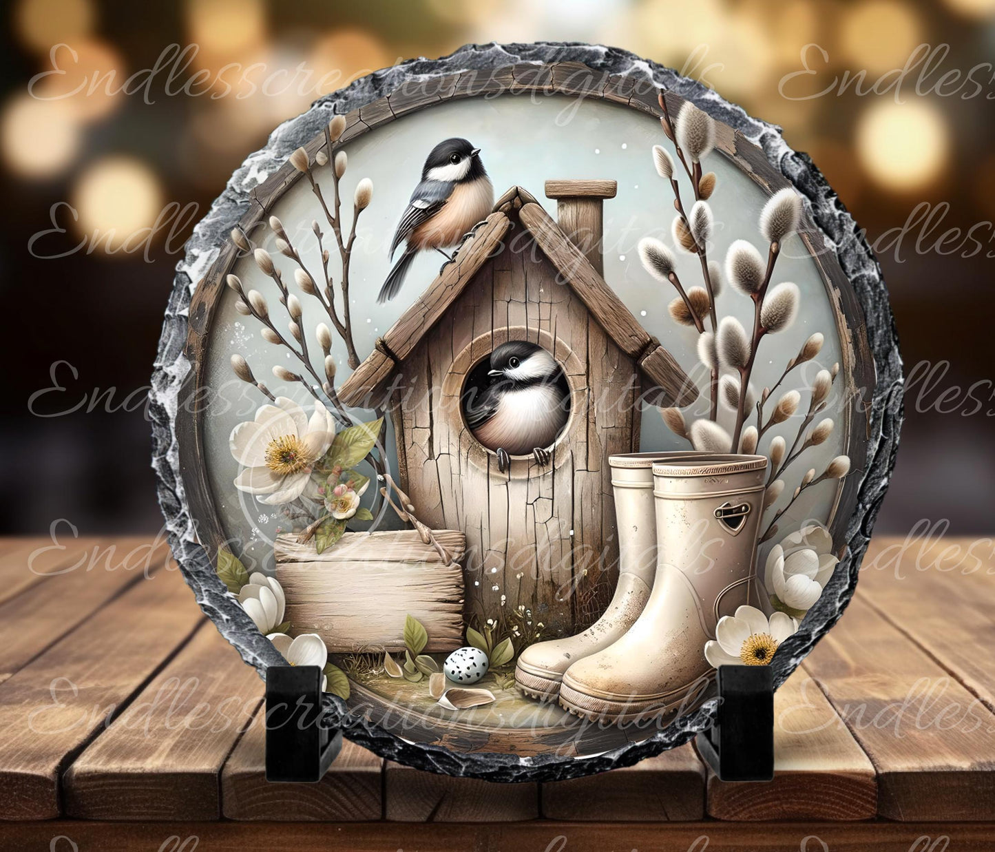 SPRING RUSTIC CHICKADEES Wreath Sign, door hanger, Cutting Board, slate for sublimation, 300 dpi  2 files for download 1 add your own text