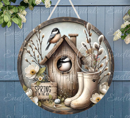 SPRING RUSTIC CHICKADEES Wreath Sign, door hanger, Cutting Board, slate for sublimation, 300 dpi  2 files for download 1 add your own text