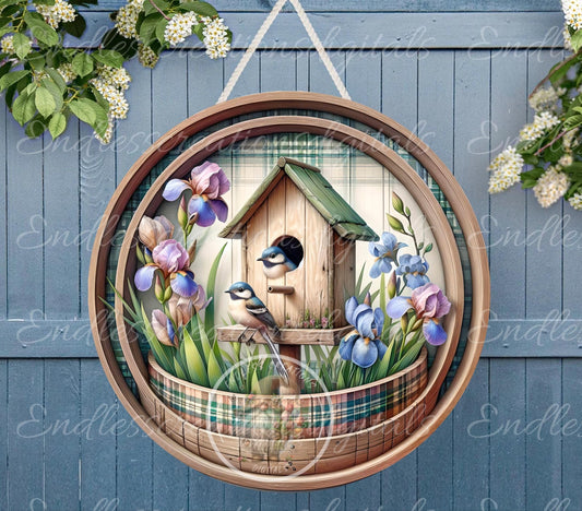 SPRING IRIS BIRDS Wreath Sign, door hanger, Cutting Board, slate for sublimation, 300 dpi  1 file for download can be resized from 3 to 12"