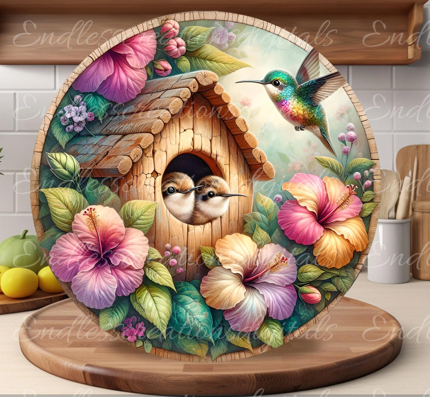 TROPICAL HUMMINGBIRDS Wreath Sign, door hanger Cutting Board slate for sublimation 300 dpi  1 file for download can be resized from 3 to 12"