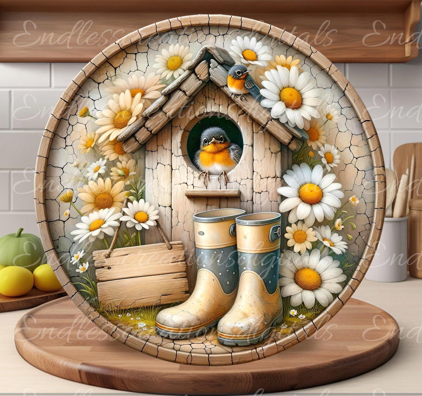 SPRING ROBIN DAISY Wreath Sign, door hanger Cutting Board slate for sublimation 300 dpi 2  files for download 1 blank to add own text