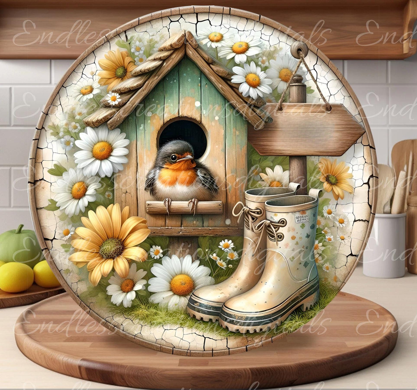 DAISY SPRING ROBIN Wreath Sign, door hanger Cutting Board slate for sublimation 300 dpi 2  files for download 1 blank to add own text