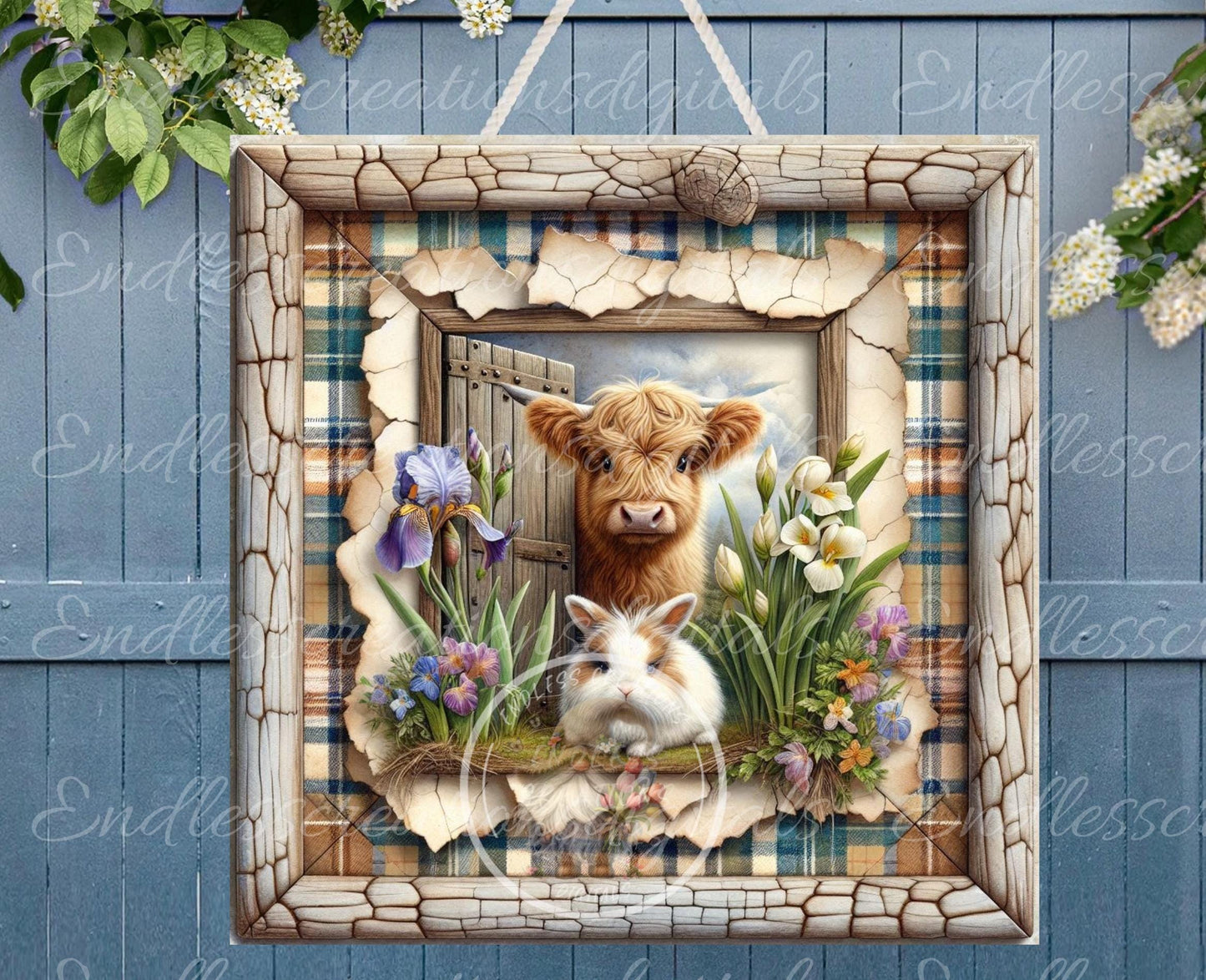 SPRING COW BUNNY Wreath Sign, door hanger, Cutting Board, slate for sublimation, 300 dpi  1 file for download can be resized from 3 to 12"