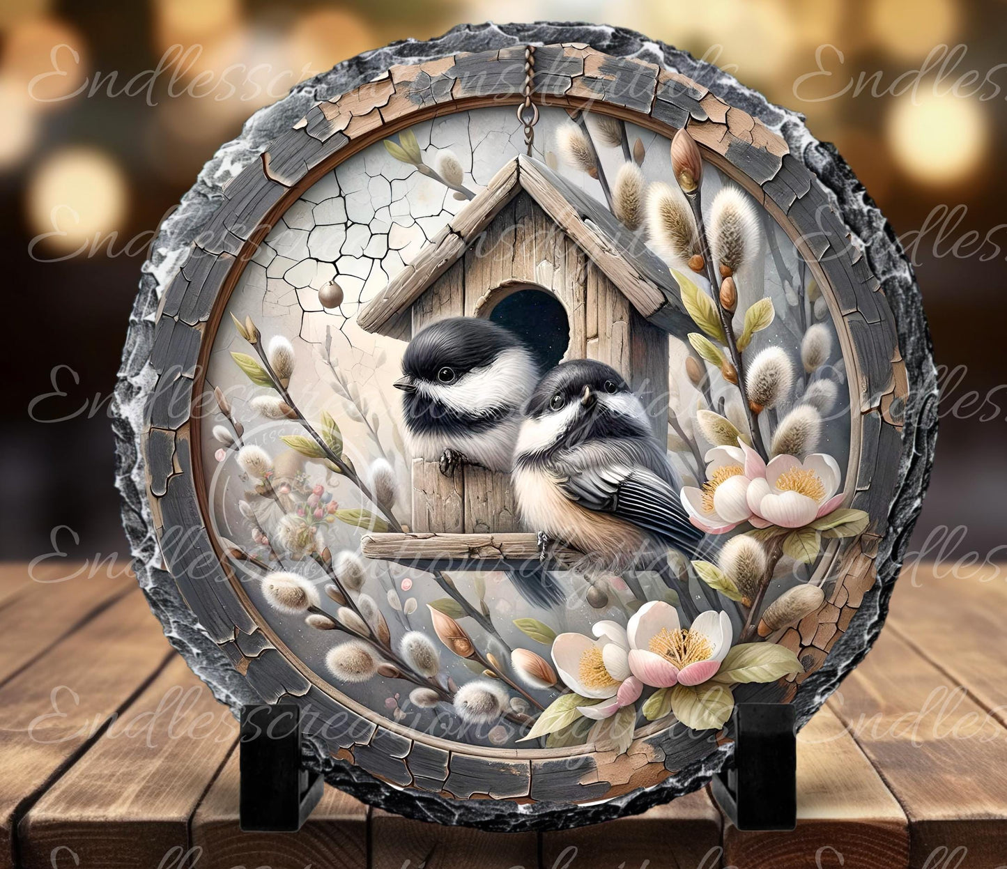 SPRING CHICKADEES Wreath Sign, door hanger, Cutting Board, slate for sublimation, 300 dpi  1 file for download can be resized from 3 to 12"