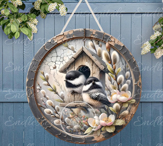 SPRING CHICKADEES Wreath Sign, door hanger, Cutting Board, slate for sublimation, 300 dpi  1 file for download can be resized from 3 to 12"
