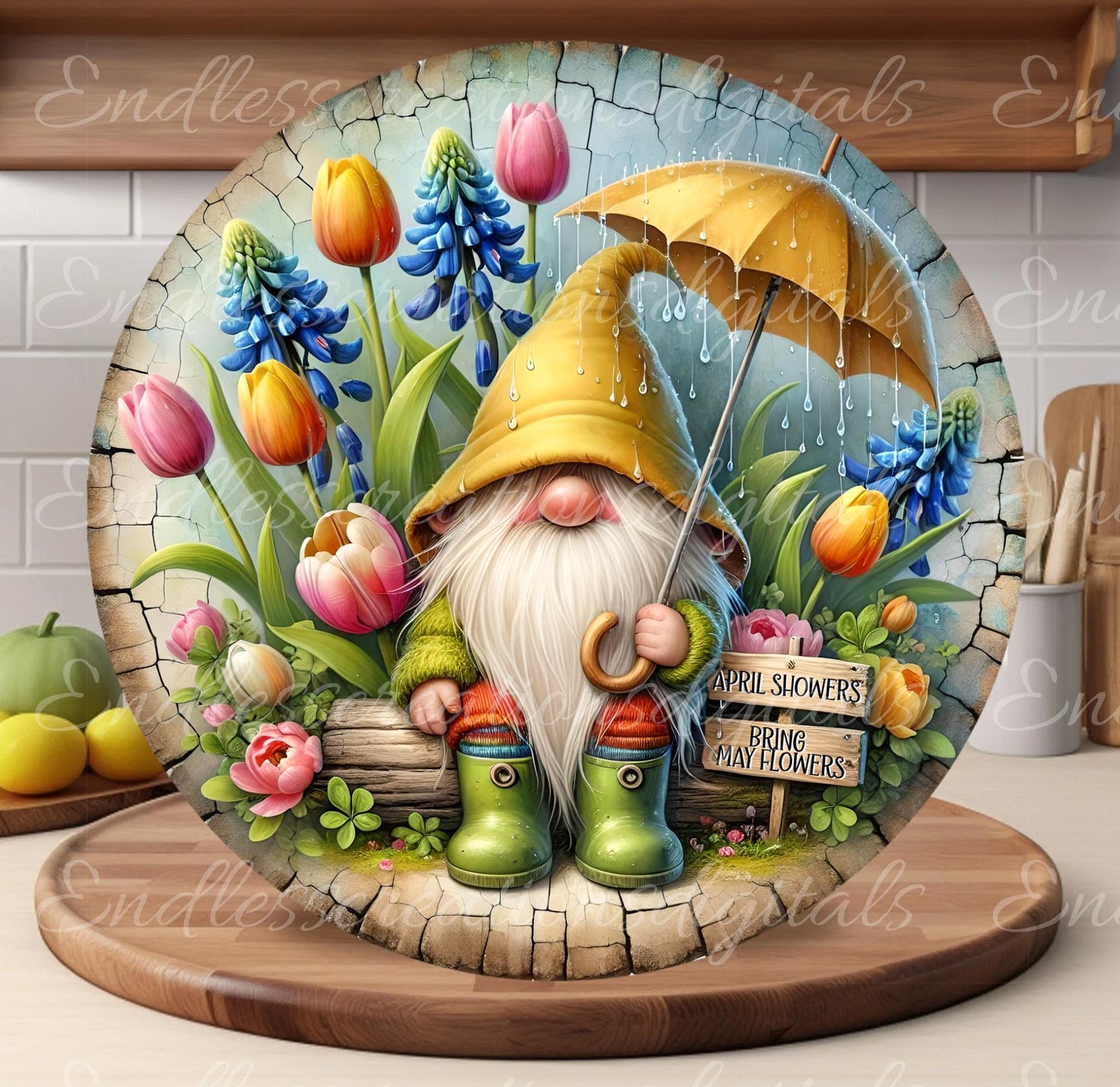 SPRING GNOME FLOWERS Wreath Sign, door hanger Cutting Board slate for sublimation 300 dpi 2  files for download 1 blank to add own text