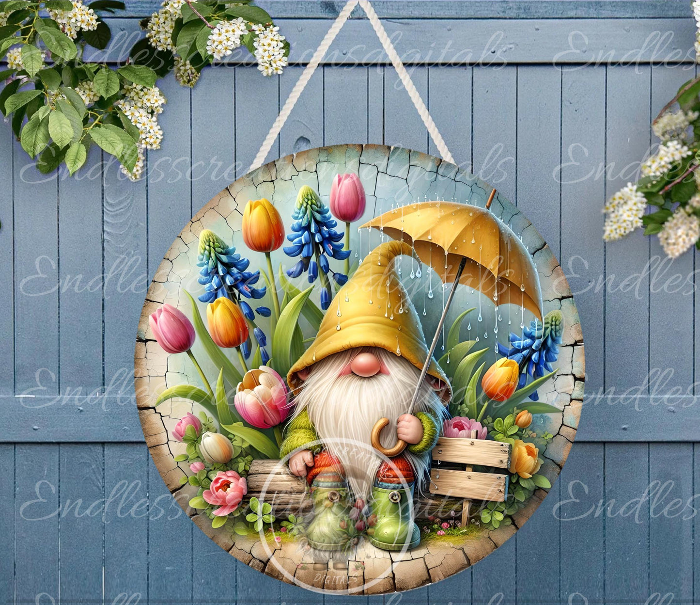SPRING GNOME FLOWERS Wreath Sign, door hanger Cutting Board slate for sublimation 300 dpi 2  files for download 1 blank to add own text