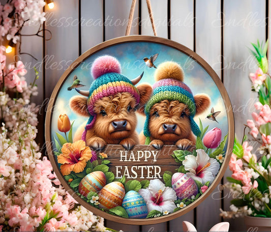 EASTER HIGHLAND COWS Wreath Sign door hanger spinners, slate for sublimation high resolution 2 files for download 1 add your own text