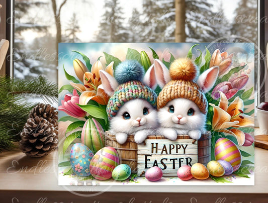 HAPPY EASTER BUNNIES digital download only, can be sized for slates, cutting boards, tumblers 2 files, 1 blank for your own text