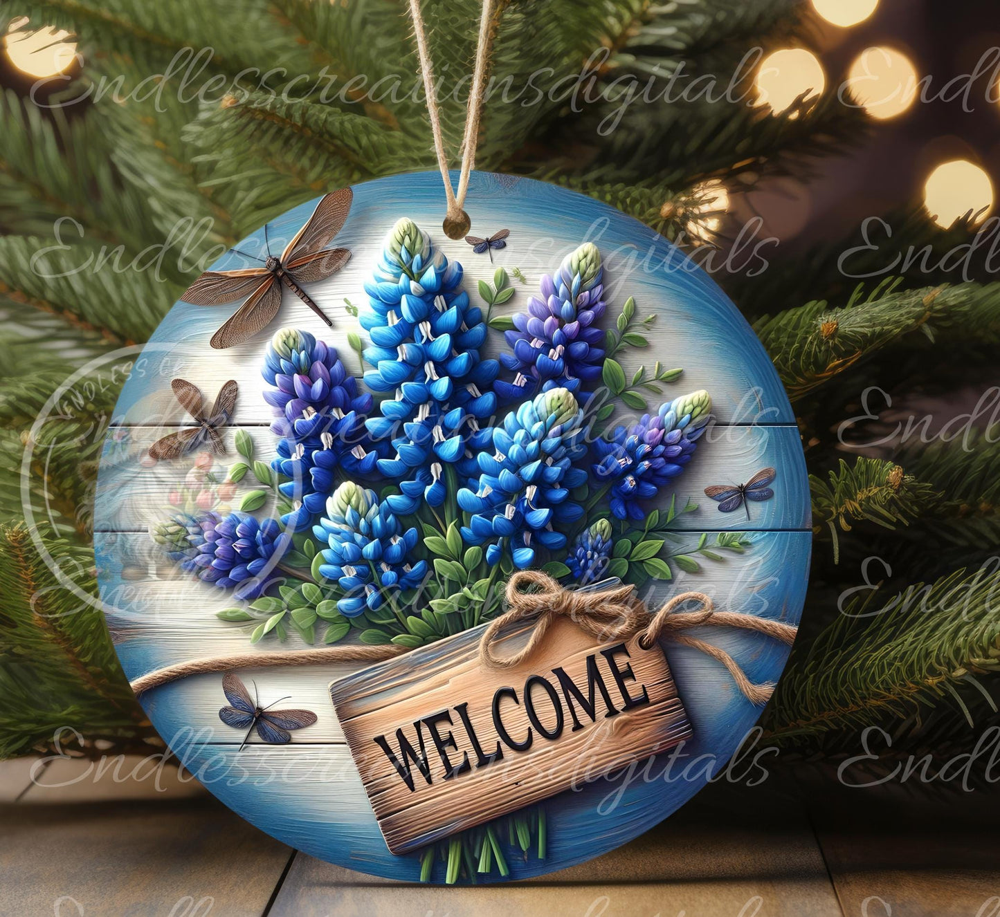 WELCOME BLUEBONNETS SPRING door hanger, keychain, round slate,  for sublimation high resolution can be resized, 2 files 1 blank, resize