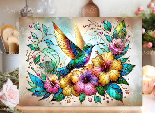 STAINED GLASS LOOK RECTANGLE HUMMINGBIRD AND HIBISCUS