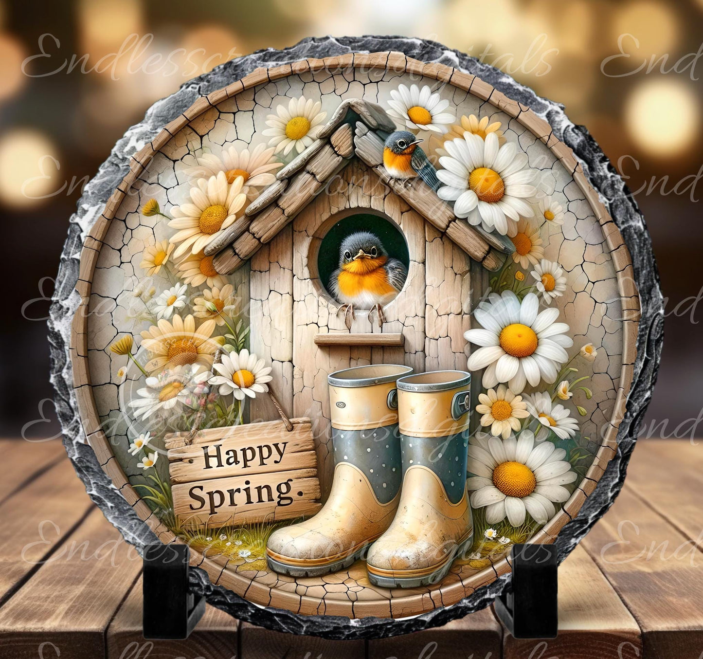SPRING ROBIN DAISY Wreath Sign, door hanger Cutting Board slate for sublimation 300 dpi 2  files for download 1 blank to add own text