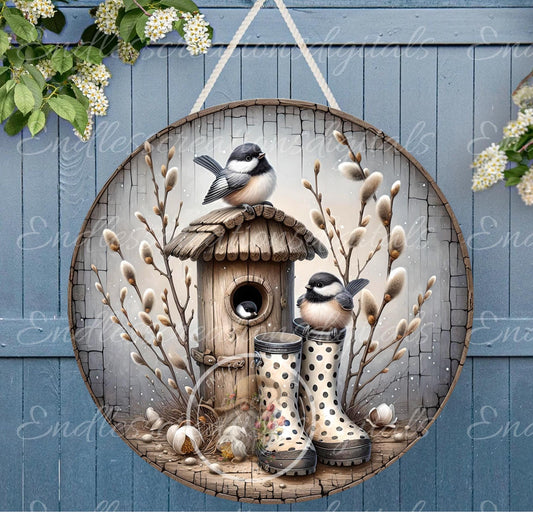 SPRING CHICKADEES Wreath Sign, door hanger, Cutting Board, slate for sublimation, 300 dpi  1 file for download can be resized from 3 to 12"