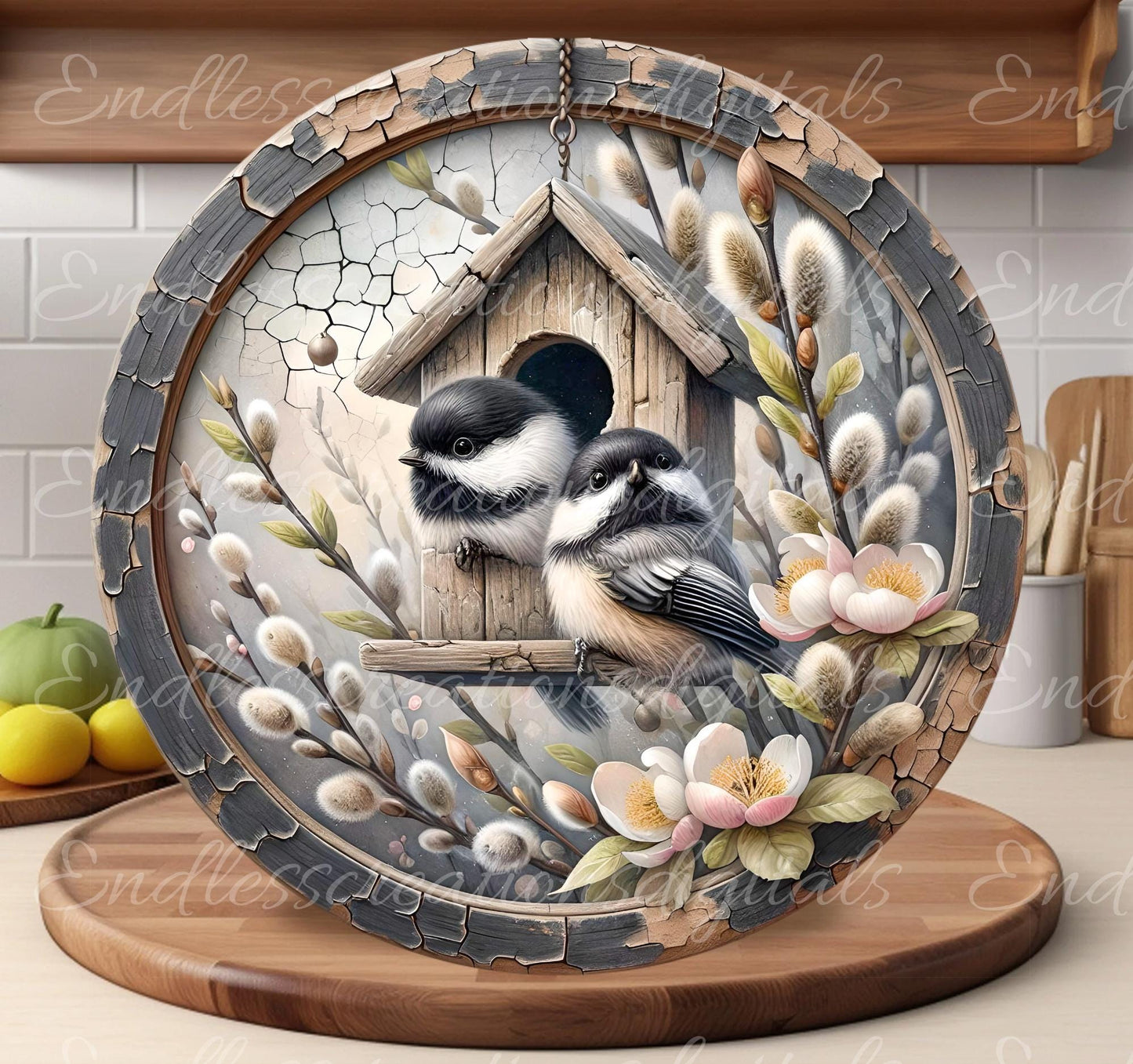 SPRING CHICKADEES Wreath Sign, door hanger, Cutting Board, slate for sublimation, 300 dpi  1 file for download can be resized from 3 to 12"