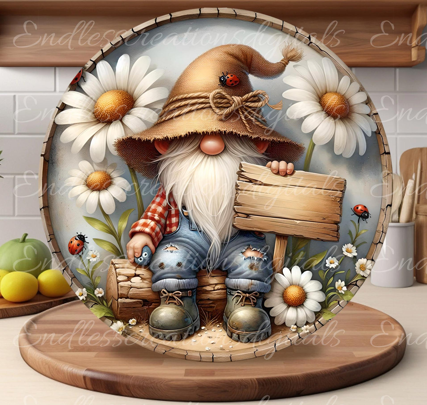 DASIY LADYBUG GNOME SPRING SUMMER Wreath Sign, door hanger, Cutting Board, slate, for sublimation 300 dpi 2  files for download 1 blank to add own text