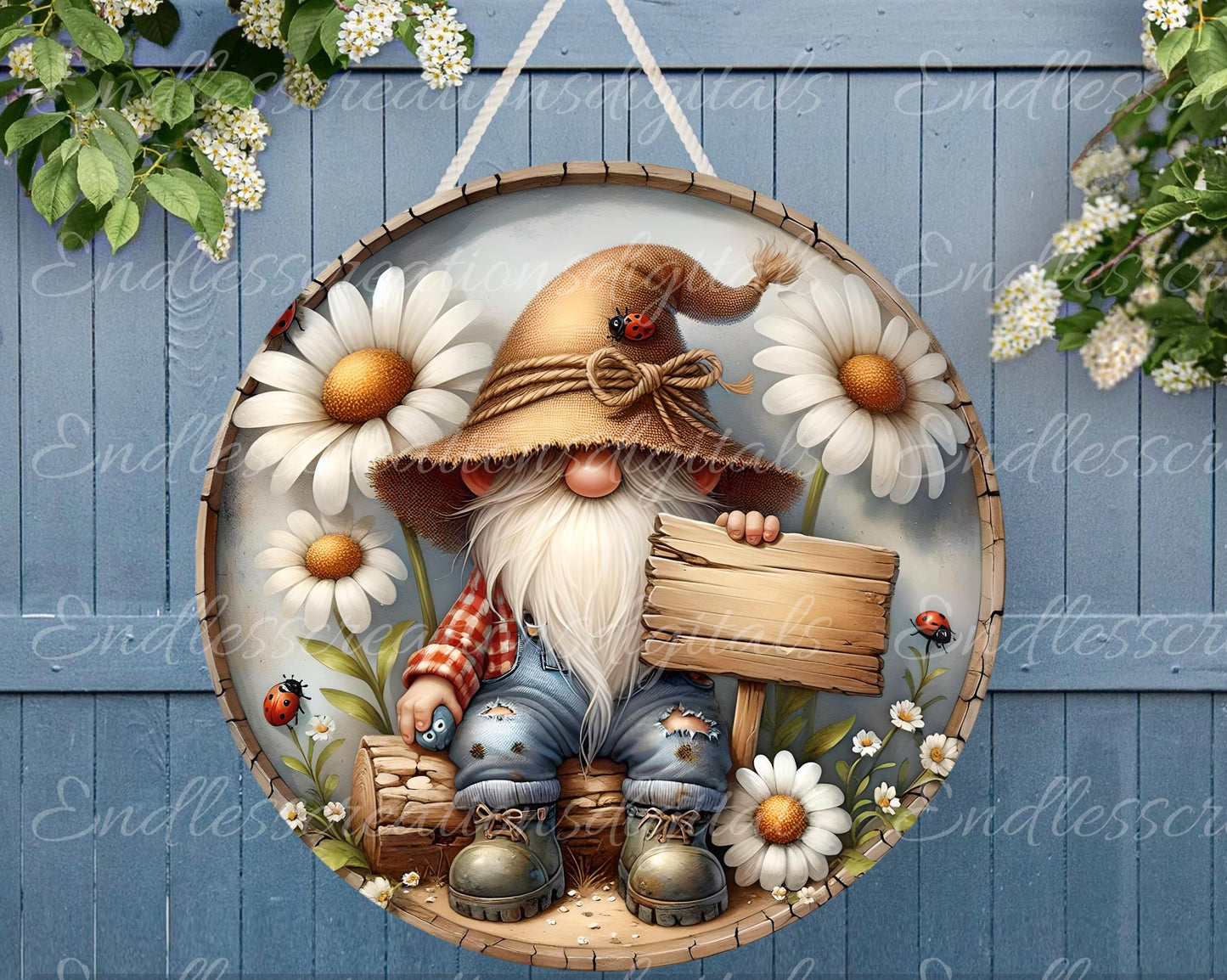 DASIY LADYBUG GNOME SPRING SUMMER Wreath Sign, door hanger, Cutting Board, slate, for sublimation 300 dpi 2  files for download 1 blank to add own text