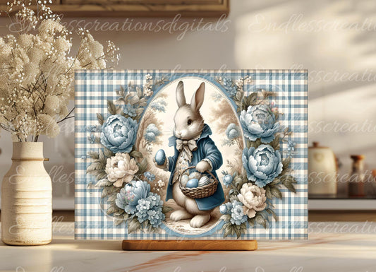 BLUE GINGHAM VINTAGE EASTER RABBIT CUTTING BOARD
